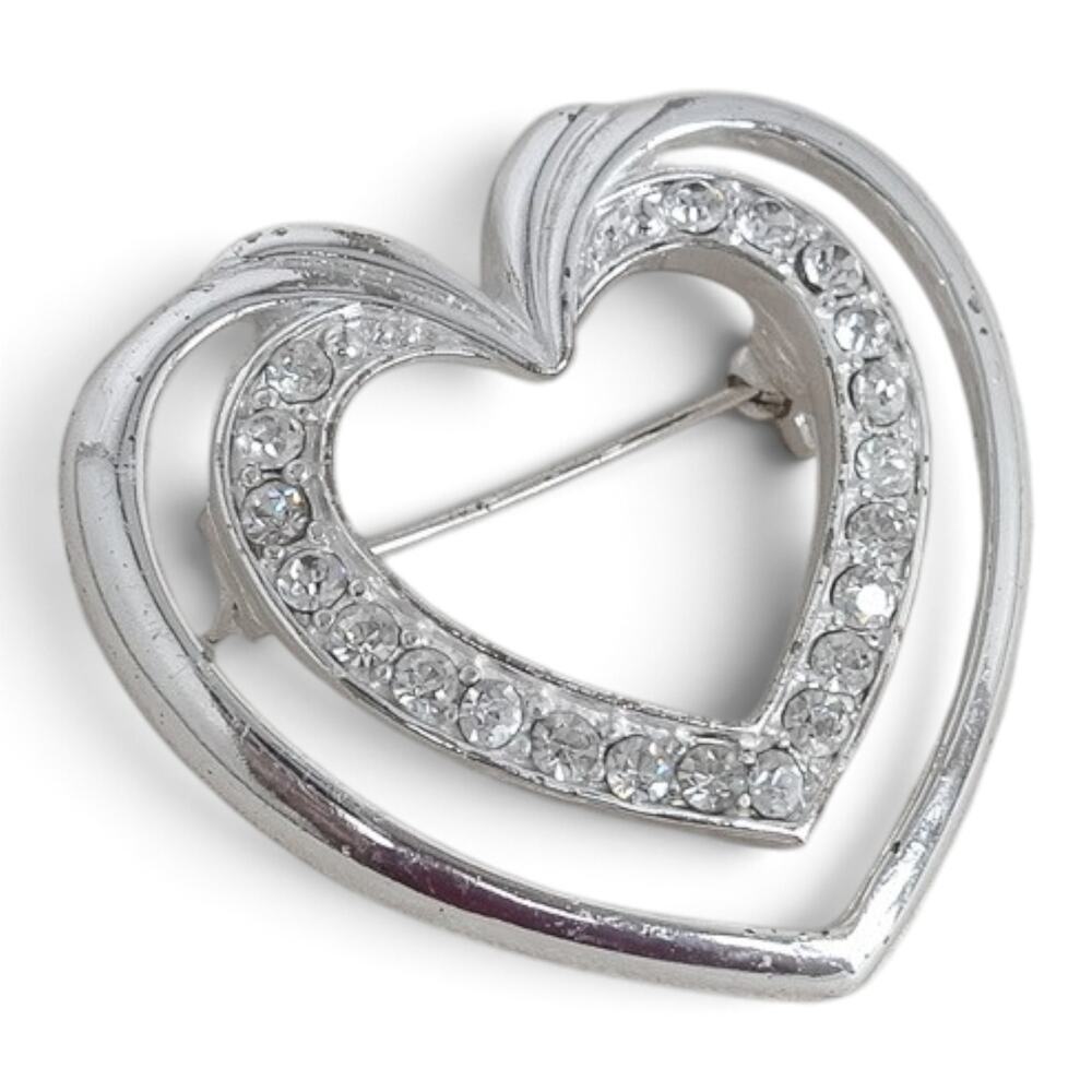 Napier Silver Tone Double Heart Brooch Pave Rhinestone Vintage Statement
